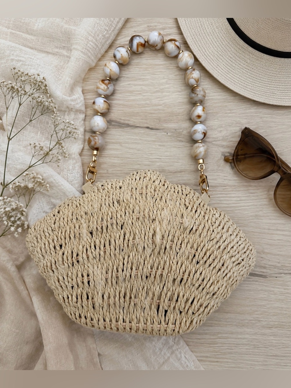 Woven Straw Shell Clutch Purse Beaded Handle Coastal Boho Beach Natural